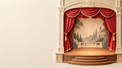 Naklejka premium Miniature classical theater with red curtains and a layered castle backdrop