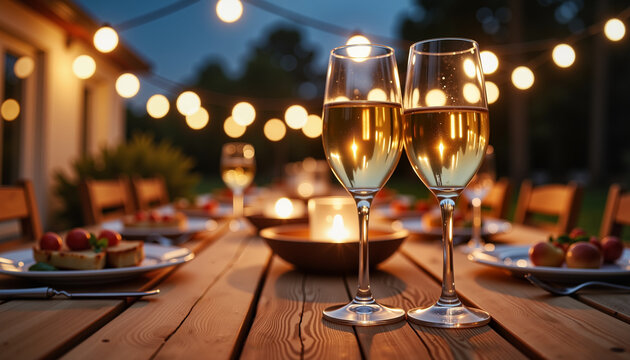 Two glasses of sparkling wine on an outdoor dinner table at dusk  