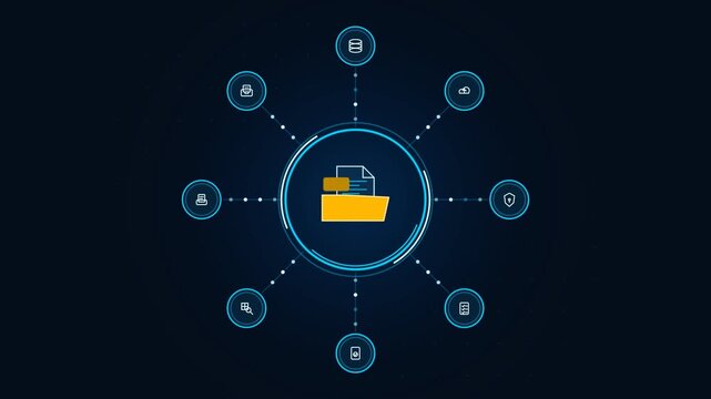 Digital document management system infographic animation with connected file folder and data nodes for business technology and cloud storage concepts