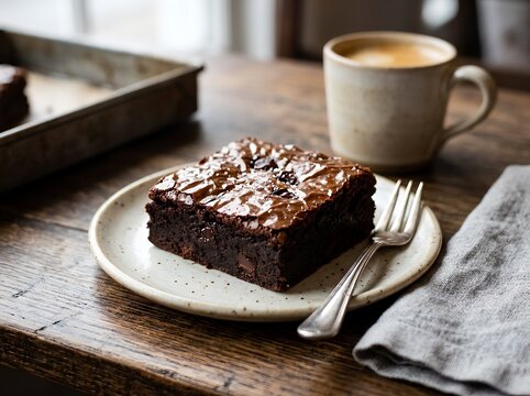 A delicious slice of dark chocolate brownie topped with pink and gold sprinkles served on a plate with a cup of coffee on a rustic wooden table
