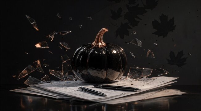 Black Pumpkin Shattering Glass over Documents with Pens on Dark Background