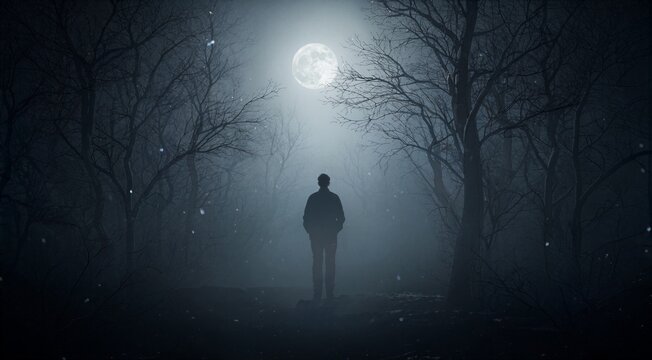 Silhouette of a Man Standing in Misty Forest Under Full Moon Night