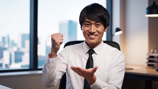 Young Asian Businessman Sitting in Office Chair, Nodding and Celebrating with Hand Gestures- AI generated 
