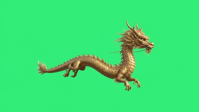 Ancient Chinese style golden dragon on green screen background.