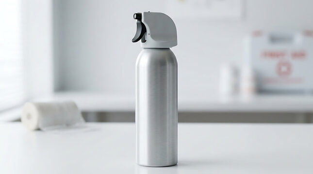 Silver spray bottle mockup on white bathroom counter with blurred background