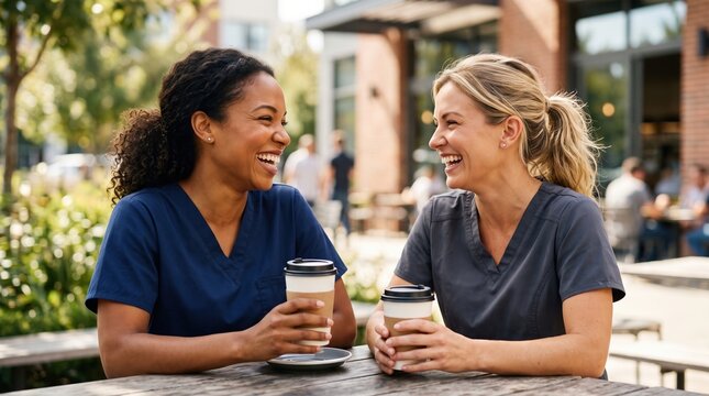 Two medical workers laughing over coffee outdoors