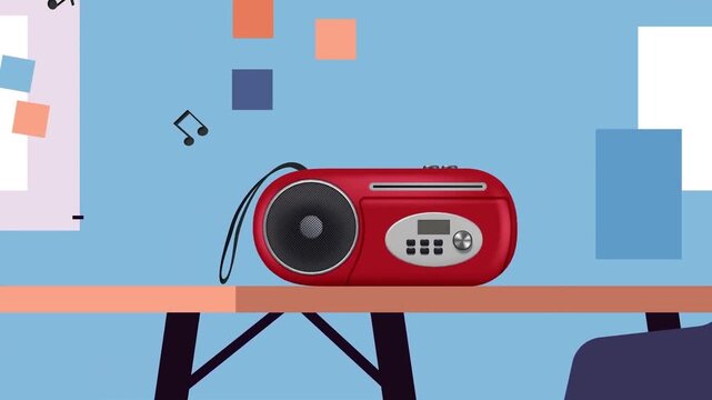 Vintage red radio playing music on desk vector illustration video footage for creative projects