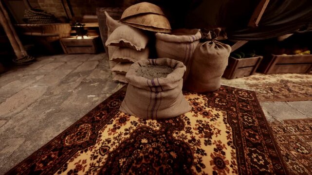 A cozy atmosphere highlights burlap sacks stacked near richly patterned carpets. The setting exudes warmth and charm, showcasing a blend of natural materials and beautiful textures.