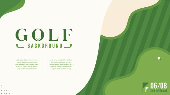 Golf Event Background Template with Abstract Fairway, Sand Bunker and Modern Green Landscape, Vector Design