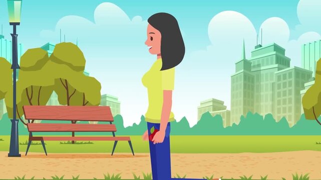 Animated woman walking through park carrying red apple in vector cartoon graphic motion design video clip