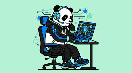 Cartoon panda sitting at desk using laptop for cybersecurity © iturn