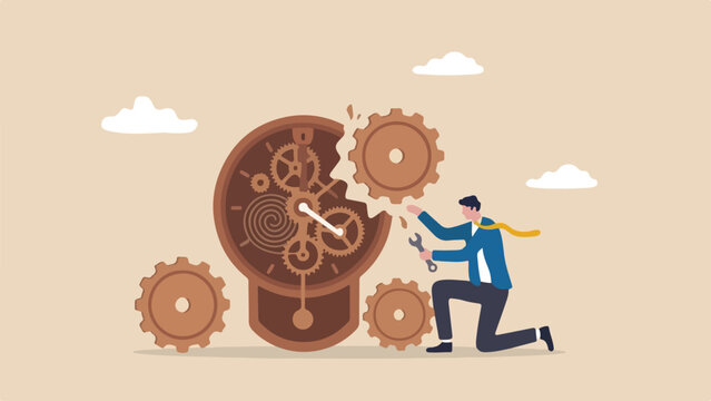 First principle thinking breakdown analysis concept clever inventor taking apart giant complicated clock mechanism into three simple round wooden gears clean minimal flat vector illustration1