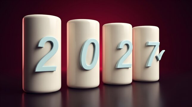Pale cylindrical forms display the numbers two zero two seven in a 3d rendering.
AI Generative