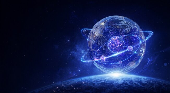 Futuristic Digital Earth with Glowing Orbitals and Cosmic Energy in Space