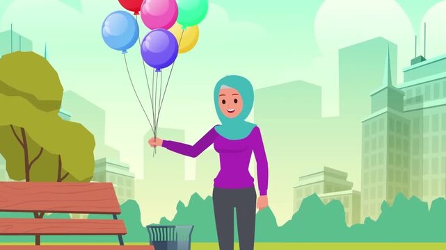 Muslim woman in hijab holding colorful balloons standing in park vector animation motion clip