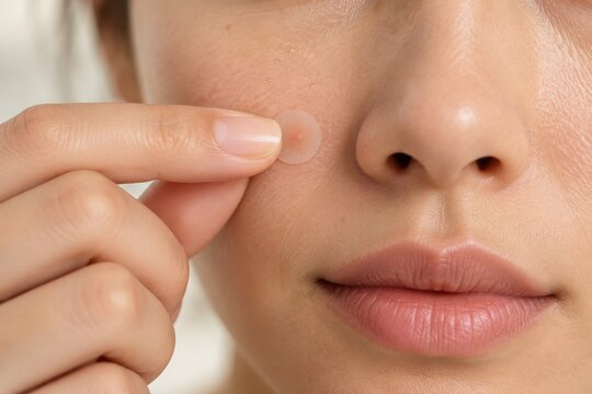 hydrocolloid patch applied to facial skin in soft daylight