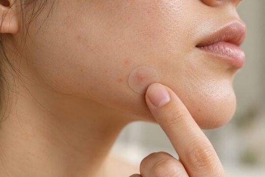 hydrocolloid patch applied to facial skin in soft daylight