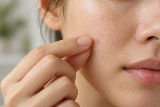 hydrocolloid patch applied to facial skin in soft daylight