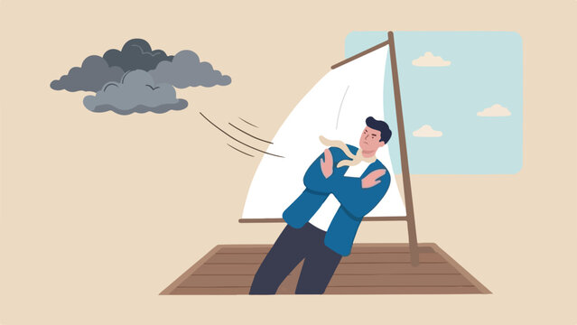Illusory correlation pattern assumption concept sailor refusing to unfurl white sail because stormy grey clouds appeared last time it was hoisted clean minimal flat vector illustration