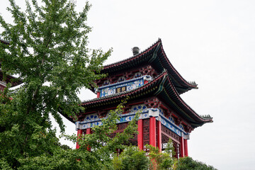 Fototapeta premium Traditional Chinese pavilion with ornate blue-and-white tilework and red columns, partially framed by lush green ginkgo trees under overcast sky