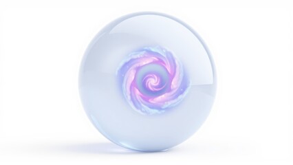 Fototapeta premium Glass sphere contains swirling pink, purple nebula. Bright light radiates from center, creating cosmic effect. Smooth surface reflects ambient illumination.
