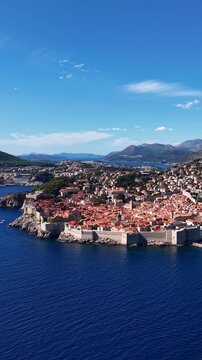 Dubrovnik, Croatia, aerial view of the historic old town, fortified walls, and blue Adriatic Sea