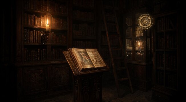 Mystical Ancient Grimoire in Dark Library with Candlelight and Alchemy Symbols
