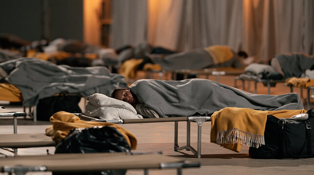A large group of people sleeping on cots in a crowded shelter. The scene conveys a sense of displacement and hardship.
