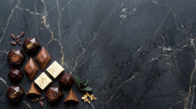 A dark marble surface displays an assortment of geometric chocolate pieces. Several shiny, gold-dusted chocolate shapes are arranged with a few cocoa beans scattered around them.