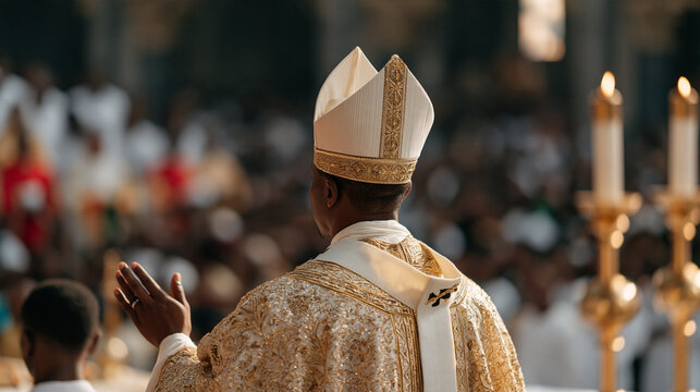 Nigerian Catholic bishop in festive liturgical vestments presiding at ordination Mass in packed urban cathedral, choir in colorful robes visible behind altar while hundreds of