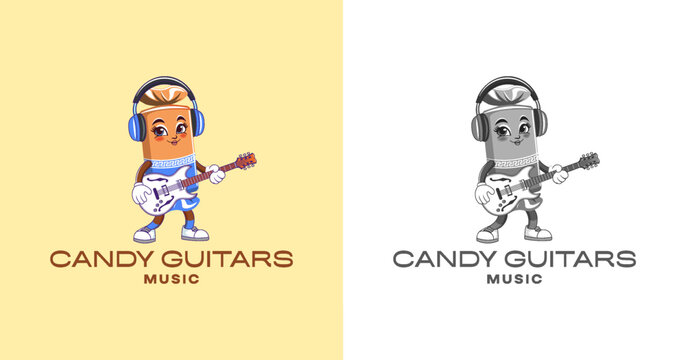 Vector cute friendly smiling cartoon candy playing guitar. Colorful logo or emblem. Cheerful tasty character. Sweet food. Music and headphones. Isolated background