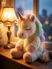Fototapeta premium Cute unicorn plush toy slepic on wooden windowsill near window. Soft stuffed animal sits by glowing lamp in cozy bedroom. Pastel rainbow mane, golden horn create magical fantasy vibe. Peaceful indoor