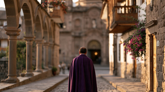 Peruvian bishop in purple cassock walking narrow cobblestone alley of historic colonial city toward cathedral entrance at dawn, traditional stone archways and flowering balconies