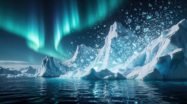 Arctic icebergs melt into glowing particles under bright aurora borealis lights. Global warming causes frozen glaciers to disintegrate in ocean. Digital art shows climate change crisis, environmental