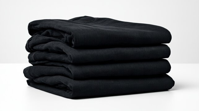 A stack of three black denim jeans folded neatly on a white background with clean studio lighting emphasizing their texture and design.