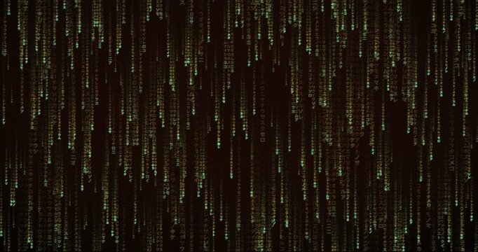 Japanese katakana characters fall in a dense code storm animation with a deep tunnel parallax effect.