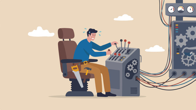 Peter principle competence ceiling concept skilled carpenter struggling and sweating while trying to steer complex mechanical airship from captain chair clean minimal flat vector illustration