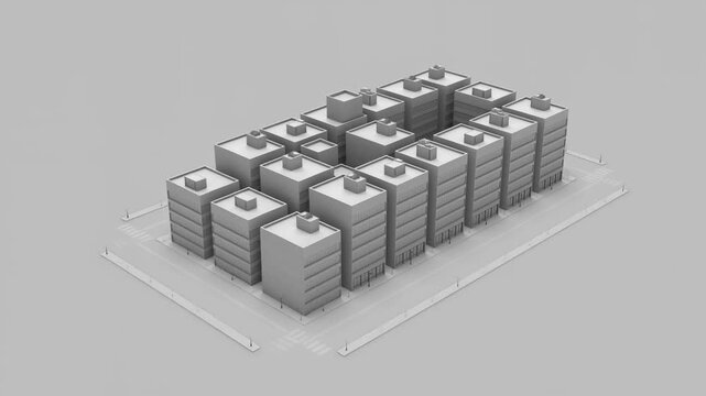 Aerial tracking shot of modular apartment buildings assembling and aligning on urban street intersection