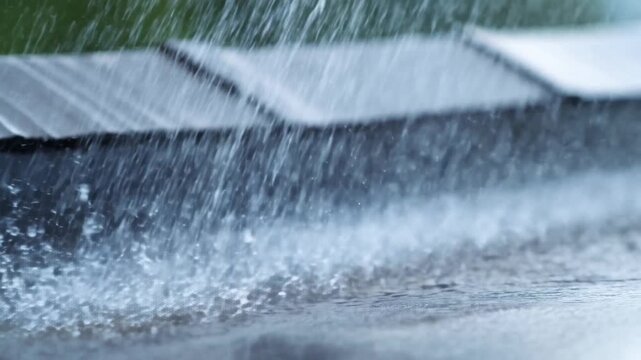 Slow motion close up of heavy rain splashing on gutter edge and pooling on pavement in urban street during overcast daytime