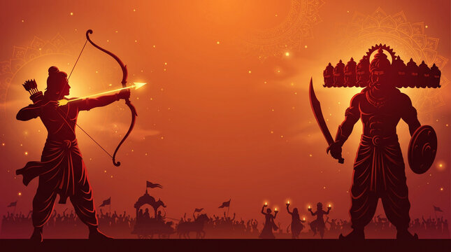 Lord rama aiming bow at ravana silhouette for dussehra festival