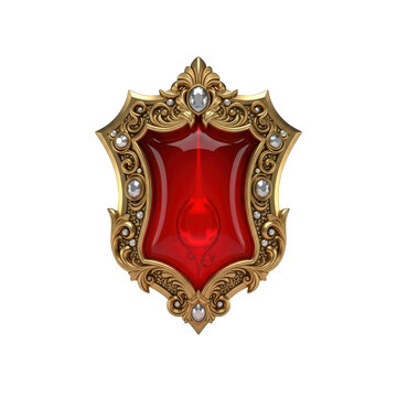 Ornate golden shield emblem with red gemstone and diamonds for luxury and heraldry design.