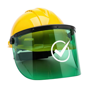 Yellow safety hard hat with green face shield and check mark symbol for protection and work.