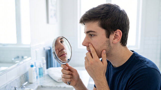 Young man examining face for blackheads and whiteheads in bathroom mirror, focusing on skincare and acne prevention in bright, modern home setting