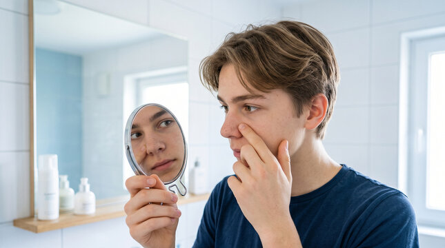 Teenage boy looking at his face in small mirror, checking for blackheads and whiteheads in bright bathroom, skincare concern, thoughtful expression