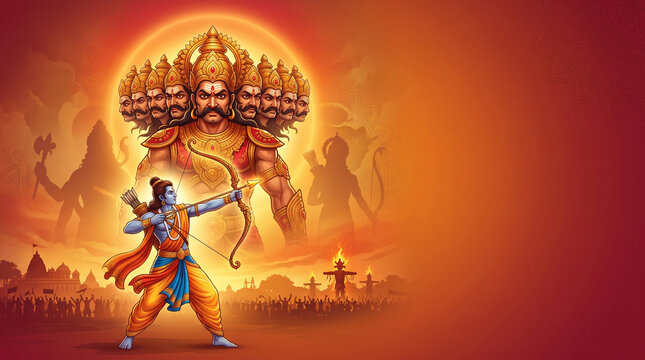 Lord rama aiming bow at ten headed ravana for dussehra festival