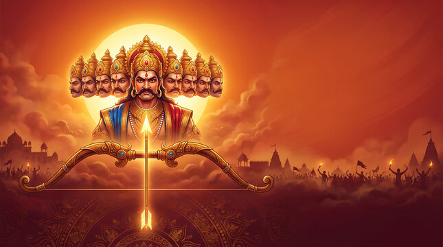 Ten headed ravana king with golden bow and arrow for dussehra