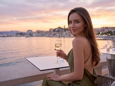 Attractive woman in backless green slip dress turning back with champagne glass at seaside terrace during sunset