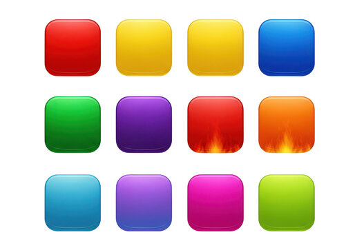 Collection of colorful rounded square buttons in different colors and styles for user interface design and game development elements.
