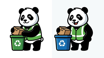 Two panda workers putting cardboard into recycling bins. © berry