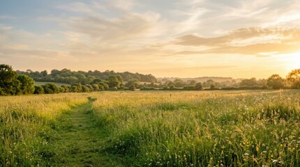 Obraz premium The sun rises over a vast, green meadow, illuminating a winding path through tall grasses and wildflowers. Rolling hills fade into the distance, creating a serene landscape.